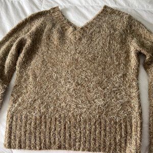 Tan Eyelash Fuzzy V neck Sweater Large L